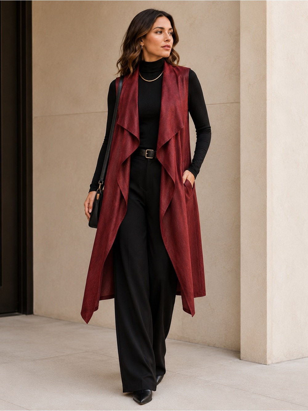 Long Sleeveless Draped Vest in Burgundy for Women